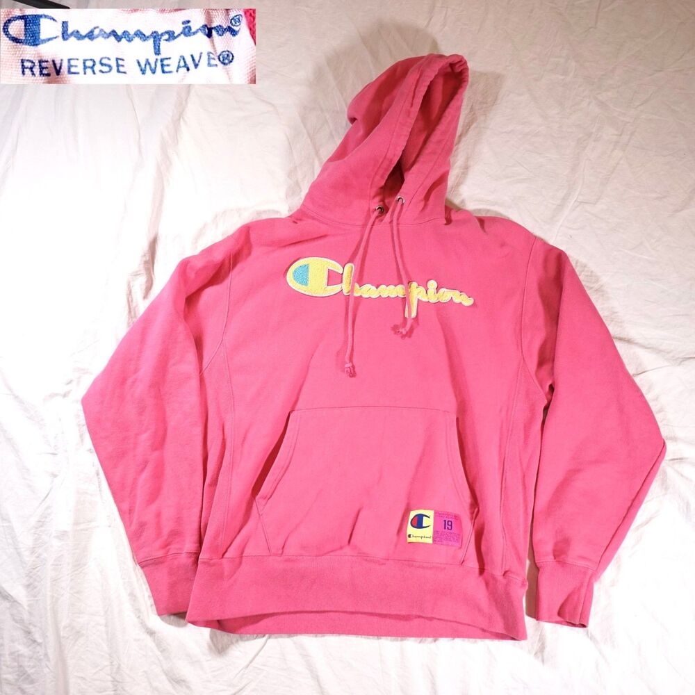 Champion Reverse Weave Hoodie Chenille Patch Logo Spellout Pink Mens Large